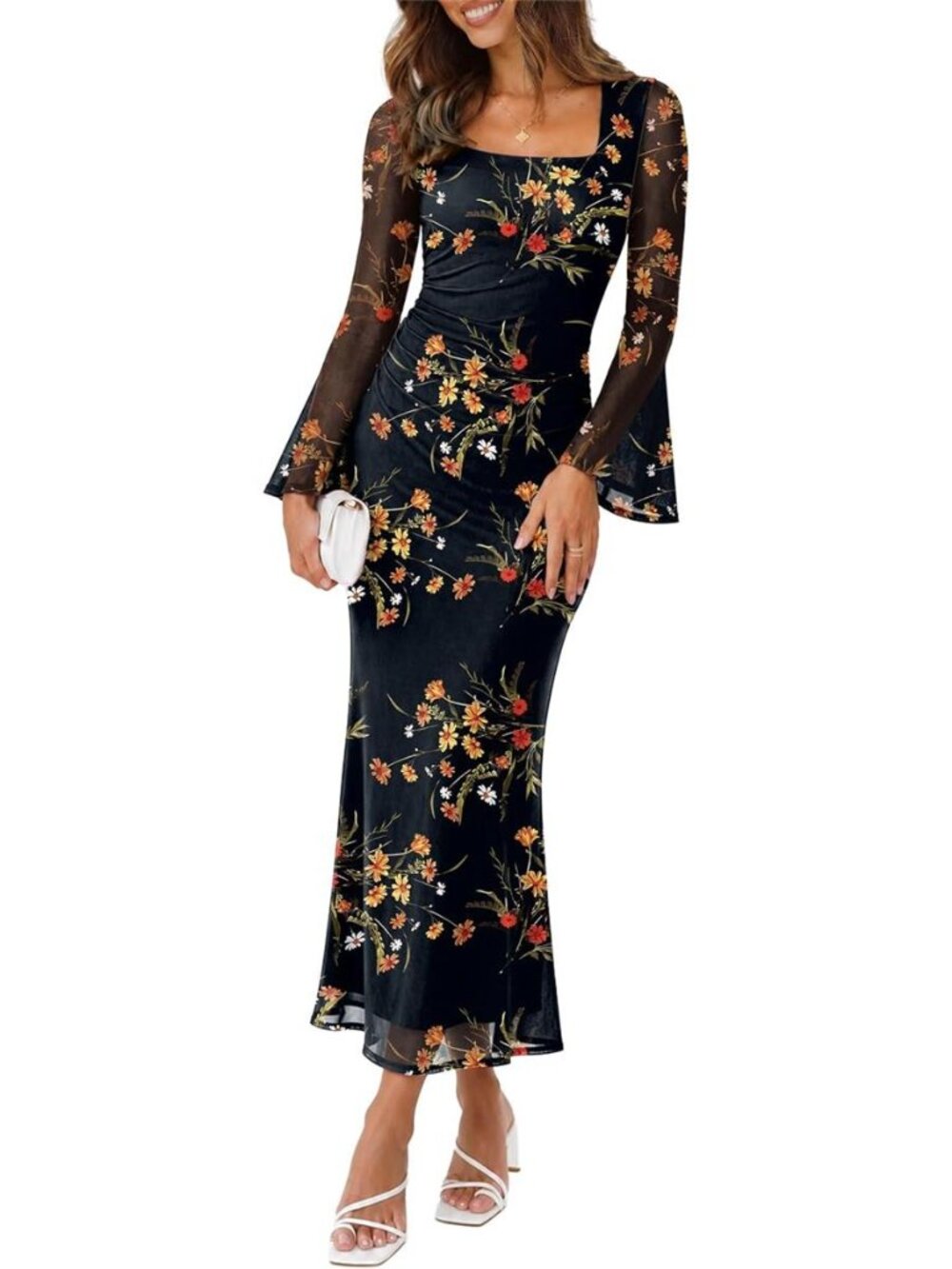 Sipaya Bodycon Maxi Dresses for Women Mash Long Sleeve Winter Clothing Square